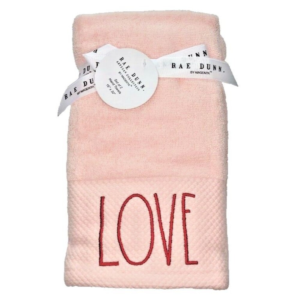 Rae Dunn Love Hand Towels Valentines Day Bathroom Embroidered Pink Set of 2